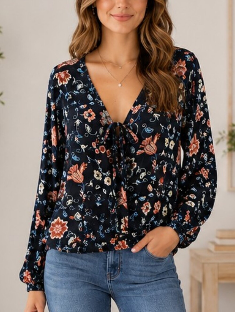 AVLN Studio Floral Tie-Front V-Neck Blouse in Navy Size Medium